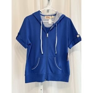 Vintage Cotton Short Sleeve W/ Button Blue Hooded Zip Up Top Size M NWT